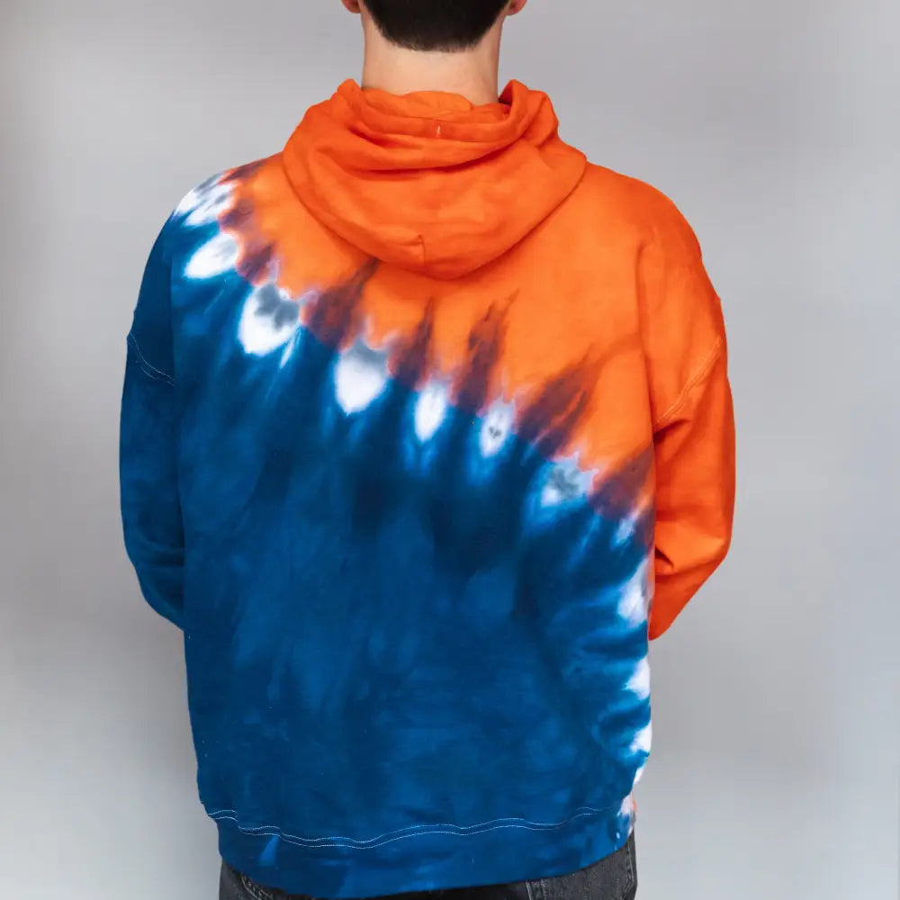 Orange and blue tie dye hooded sweatshirt back view for Detroit Tigers clothing