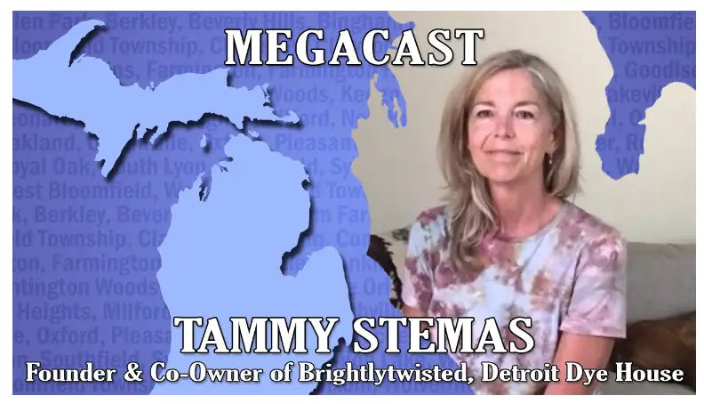 Megacast title card featuring map of Michigan and founder of Brightly Twisted Detroit Dye House