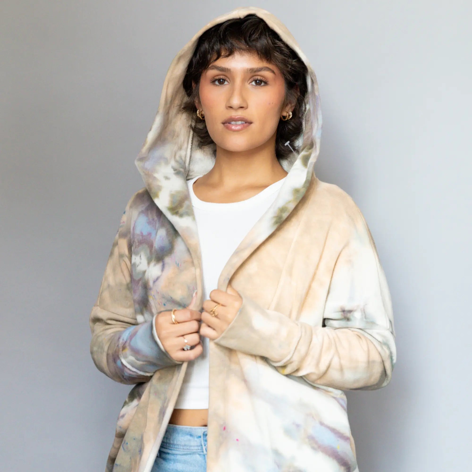 Tie-dyed beige and blue zip-up hooded sweatshirt from Brightlytwisted Drops collection.