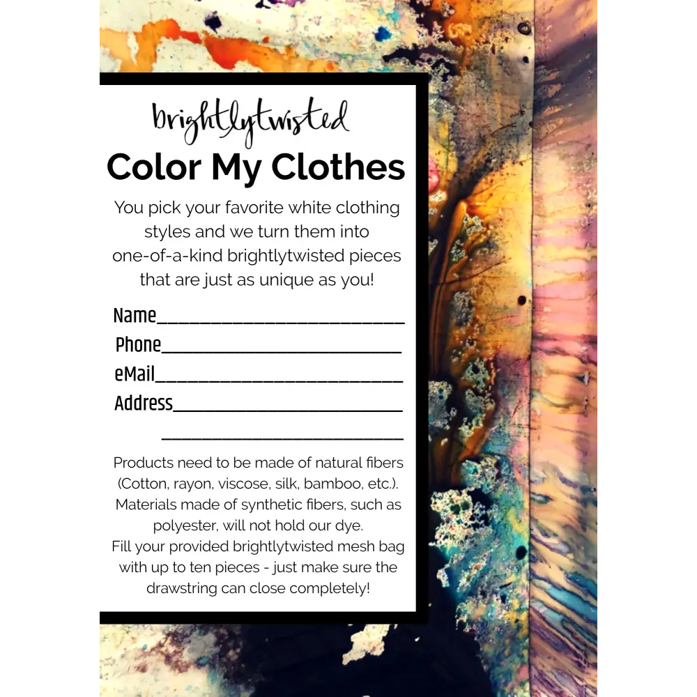 Form for ordering custom-dyed white clothing from Brightly Twisted with color card options