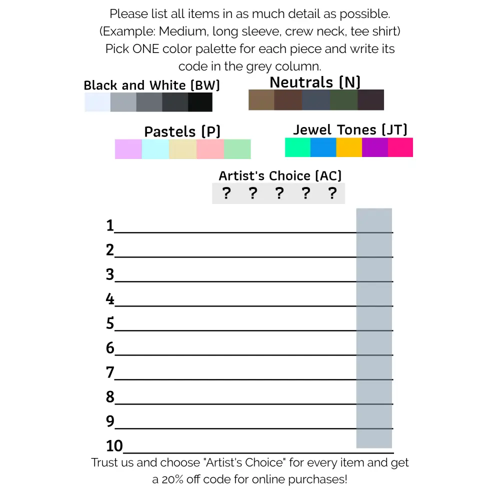 Color My Clothes color palette selection chart displaying color families and color card options