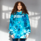 Bright blue tie dye hoodie with Unfinished Business text for Detroit Lions fans