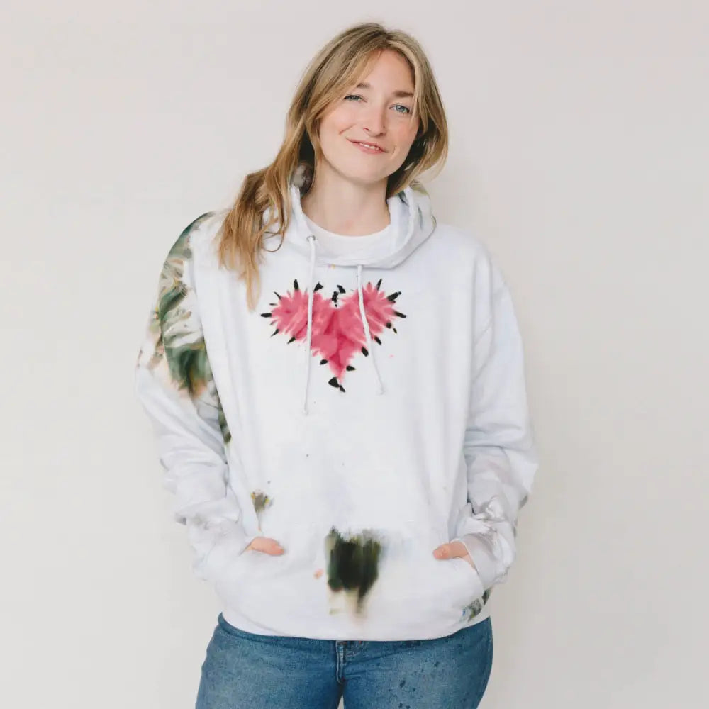 White hoodie with pink floral heart and tie dye accents from Valentines Specialty Class