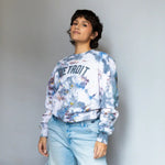 Tie-dyed Detroit Crew sweatshirt featuring blue and white patterns for stylish clothing