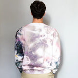 Tie dye DDH Crew sweatshirt with pink, purple, and dark blue cloud patterns from behind