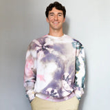 Tie dye DDH Crew sweatshirt featuring purple, pink, and blue watercolor patterns