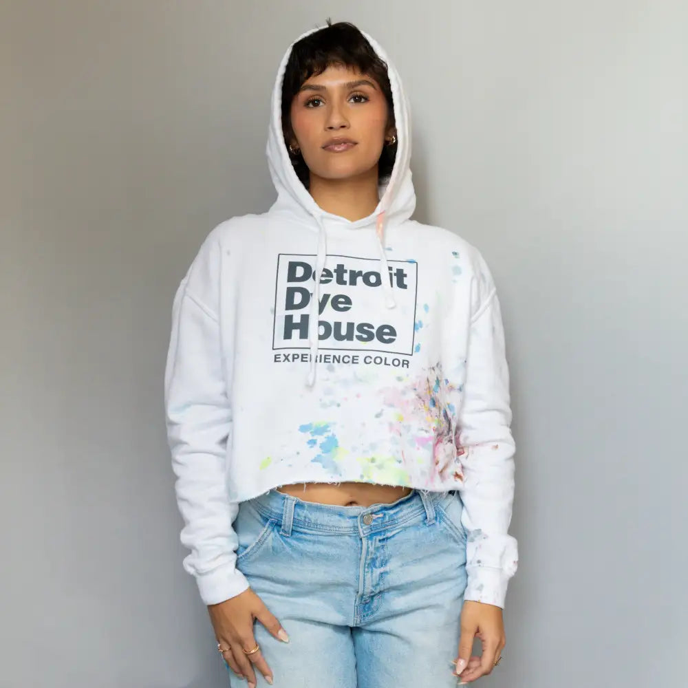 White crop hoodie with Detroit Dye House graphic text, stylish and trendy design