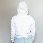 White DDH Crop Hoodie with light blue accents and border 1px solid hem detail