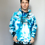 Tie-dyed blue and white DDH Hoodie with Detroit Dye House text, recommend sizing