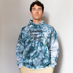 Tie-dye blue and white DDH Hoodie with Detroit Dream Pioneer text, recommend sizing available