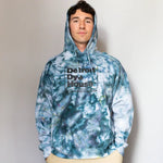 Tie dye blue and white DDH Hoodie sweatshirt with Detroit Drop House text, recommend sizing