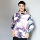 Tie dye DDH Hoodie in purple, white, and blue watercolor patterns with recommended sizing