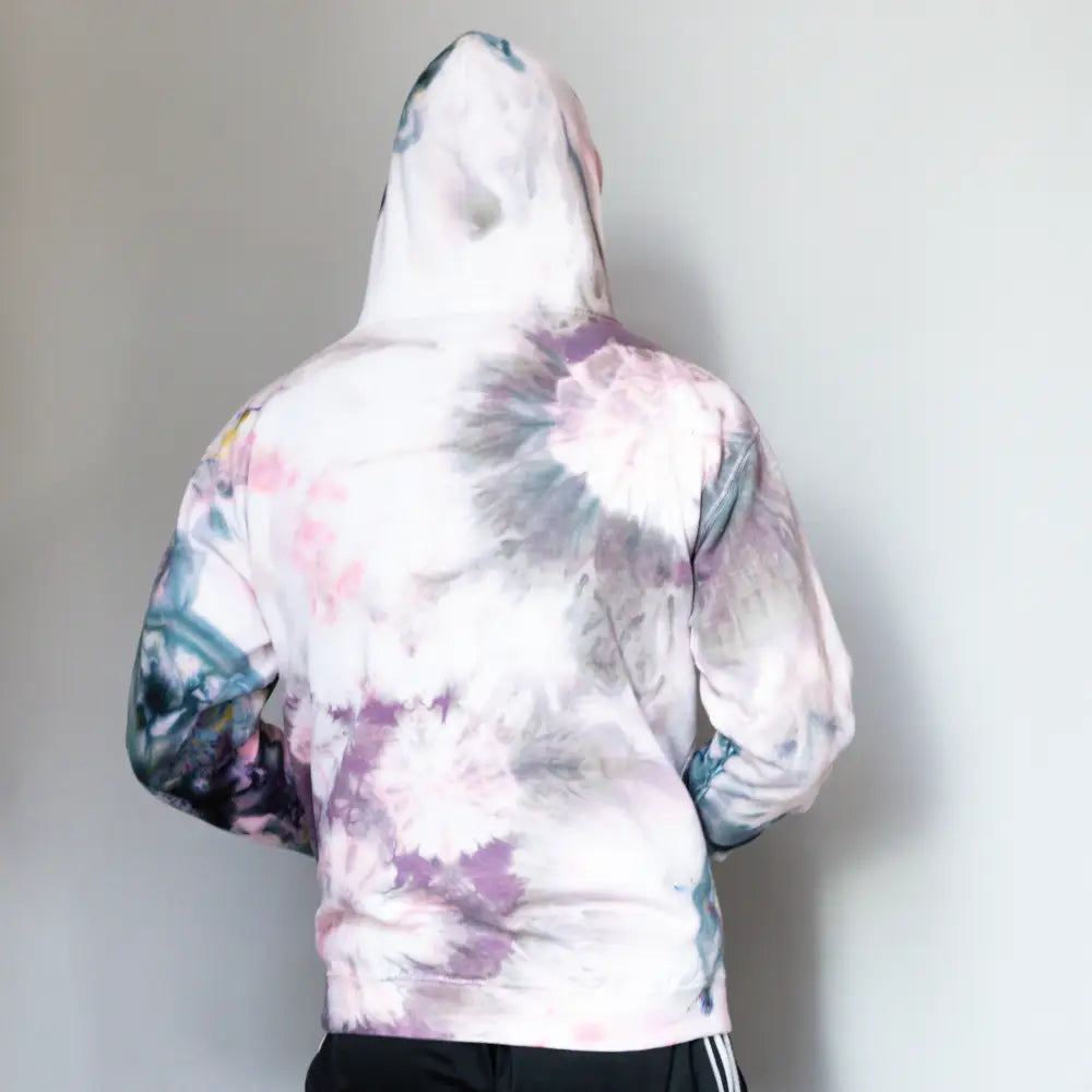 Tie-dye DDH Hoodie in white with pink, purple, and blue swirled patterns, recommend sizing