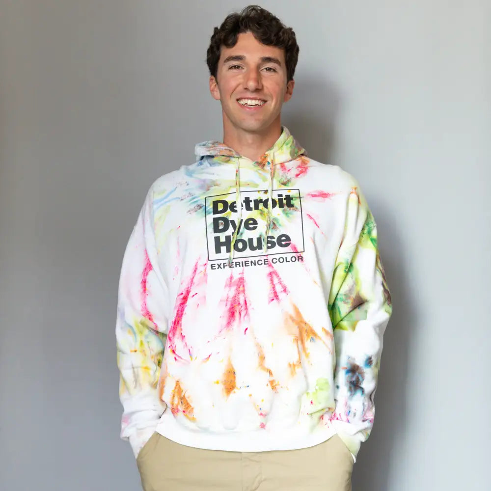 Tie dye DDH Hoodie sweatshirt with Dye House logo, ideal for comfortable clothing