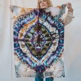 Tie dye wall hanging scarf with swirling blue, purple, orange, and white patterns