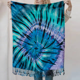 Tie-dye scarf in turquoise, blue, and purple with fringe detail for trendy clothing