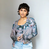 Tie-dyed micro rib cardigan from the Allison set paired with light denim jeans