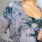 Tie-dyed Allison Set featuring a soft micro rib cardigan in swirling blues and yellows