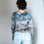 Tie-dyed long sleeve shirt in teal and gray from the Allison set styled with jeans