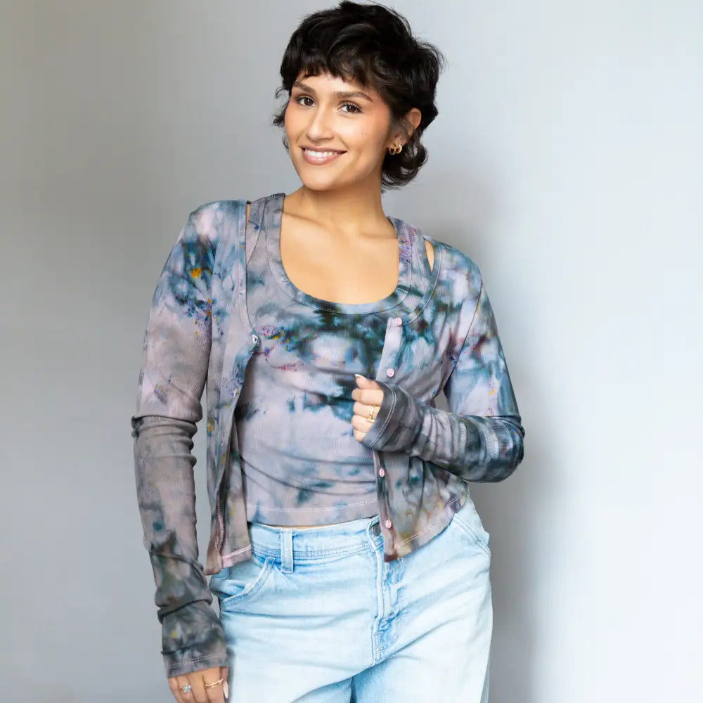 Tie-dyed grey and blue long-sleeved top and light wash jeans from Allison Set