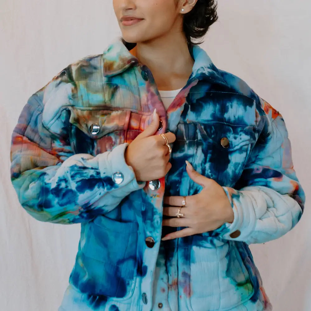 Tie-dyed Angie Jacket in swirls of blue, white, and coral for trendy fashion