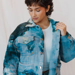 Tie-dyed Angie Jacket in blue and turquoise with pockets and silver buttons