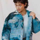 Tie-dyed Angie Jacket in blue and turquoise with pockets and silver buttons