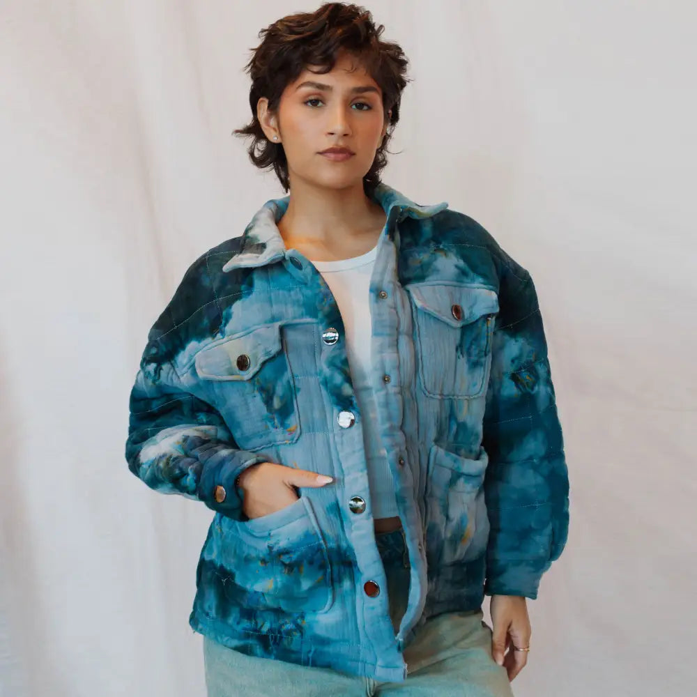 Tie-dyed Angie Jacket in turquoise and white, perfect for stylish outfits