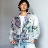 Tie-dyed Angie Jacket featuring purple and green watercolor patterns for stylish outfits