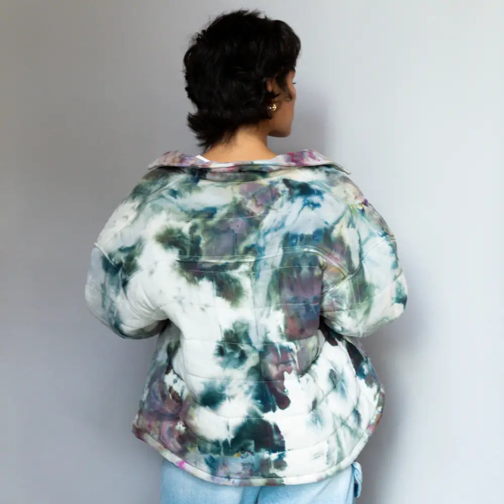 Angie Jacket tie-dyed sweatshirt in green, white, and purple watercolor patterns