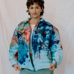 Angie Jacket tie-dyed denim with blue, turquoise, and coral swirls for vibrant style