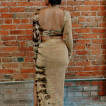 Beige and brown tie-dye Cait set with backless crop top and high slit maxi skirt