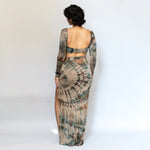 Tie-dye maxi dress with high slit and open back in earthy tones from Cait set