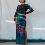 Tie-dye Cait set with long-sleeved crop top and high slit maxi skirt in teal and burgundy