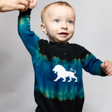 Tie-dyed black and blue union suit featuring a white lion design for kids clothing