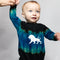 Tie-dyed black and blue union suit featuring a white lion design for kids clothing