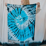 Turquoise and black tie dye blanket scarf with tasseled fringe for stylish clothing