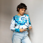 Tie dye blue and white Lions Crop Crew sweatshirt with spiral pattern for stylish clothing