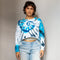 Blue and white tie-dye Lions Crop Crew sweatshirt featuring stylish text design