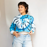 Blue and white tie dye crop hoodie named Lions Crop Hoodie for stylish casual clothing