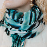 Turquoise and black striped scarf with fringed tassels perfect for stylish clothing