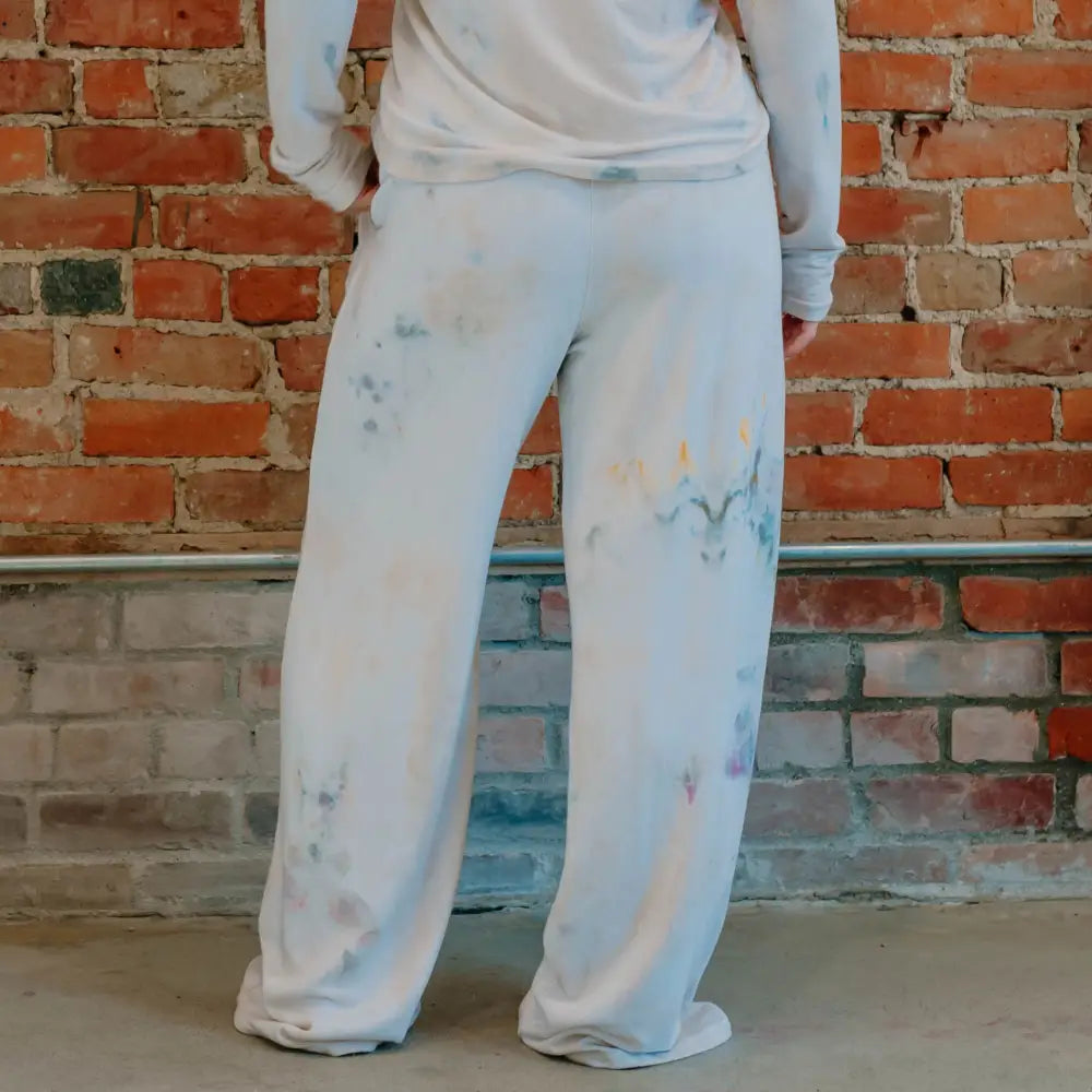 White sweatpants with pastel tie-dye accents from the Perfect Pant collection