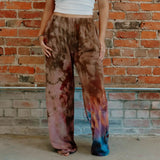 Tie-dyed cotton lounge pants in brown, pink, and blue patterns for the Perfect Pant