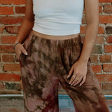 Tie-dyed brown and burgundy Perfect Pant sweatpants with elastic waistband