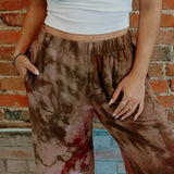 Tie-dyed brown and burgundy Perfect Pant lounge pants with pockets and elastic waistband