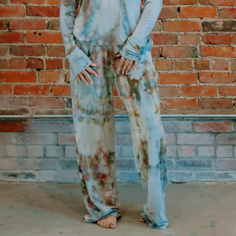 Tie-dyed Perfect Pant sweatpants featuring a blue and brown mottled pattern