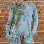 Soft Serena Top in tie-dyed blue and brown tones, perfect for cozy outfits