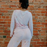 White loungewear set with pink tie-dye pattern from Soft Serena collection