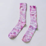 Pink and white tie dye crew socks made from soft bamboo rayon for stylish clothing