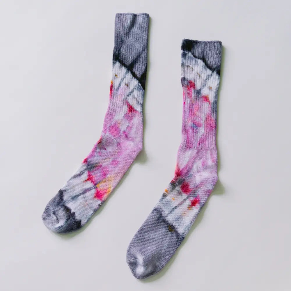 Tie-dye crew socks in pink, gray, and black made from bamboo rayon clothing